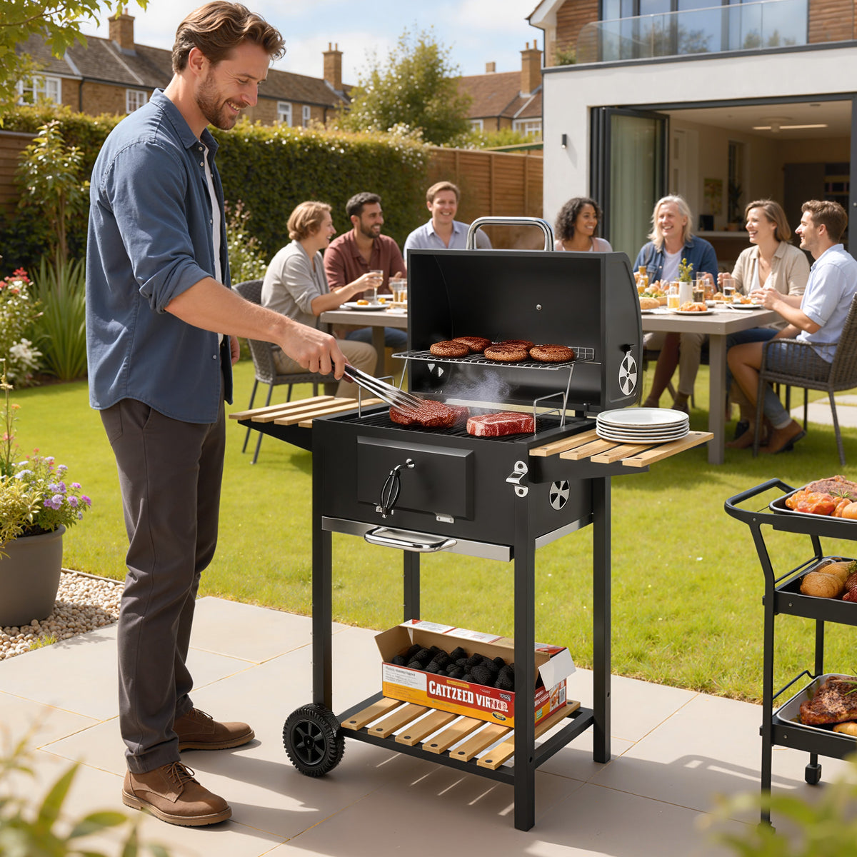 Houtskoolbarbecue, in hoogte verstelbare kolenpan, barbecuekar, legplanken, thermometer, flesopener, staal, hout (2)