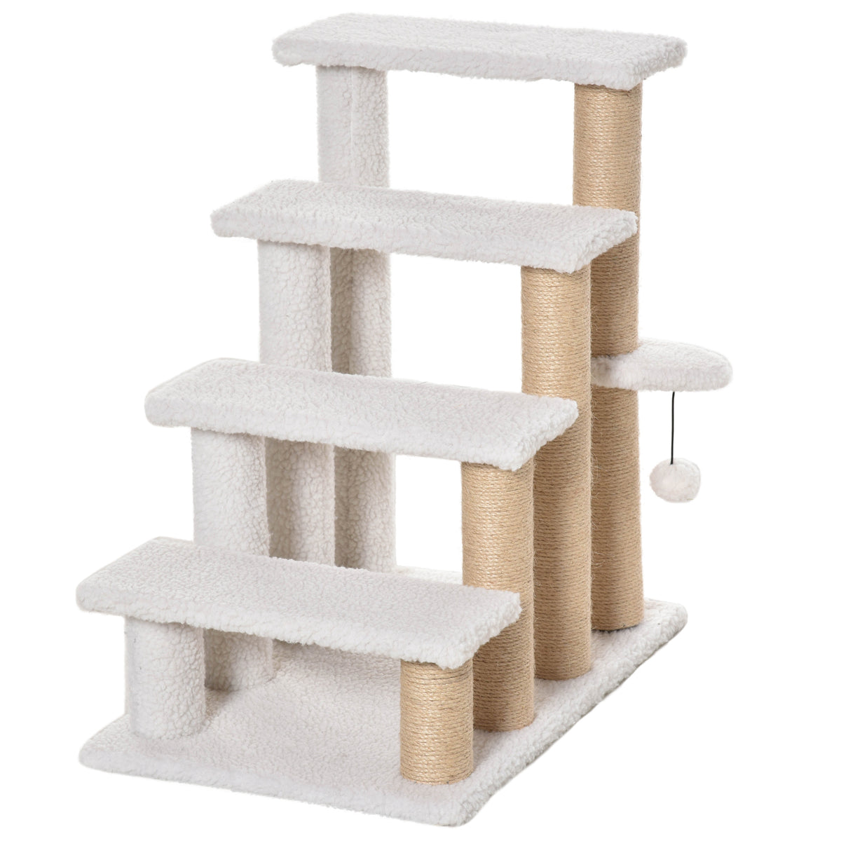 Kattentrap 4-traps huisdierentrap met krabpalen bal hondentrap dierentrap voor katten tot 5 kg pluche jute wit