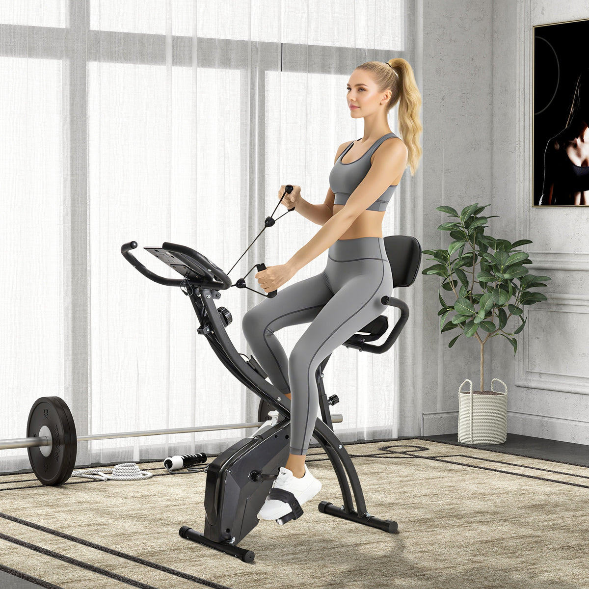 2-in-1 hometrainer, hometrainer met LCD-scherm, hartslagmeter, verstelbare zitting en wielen, inklapbare (2)