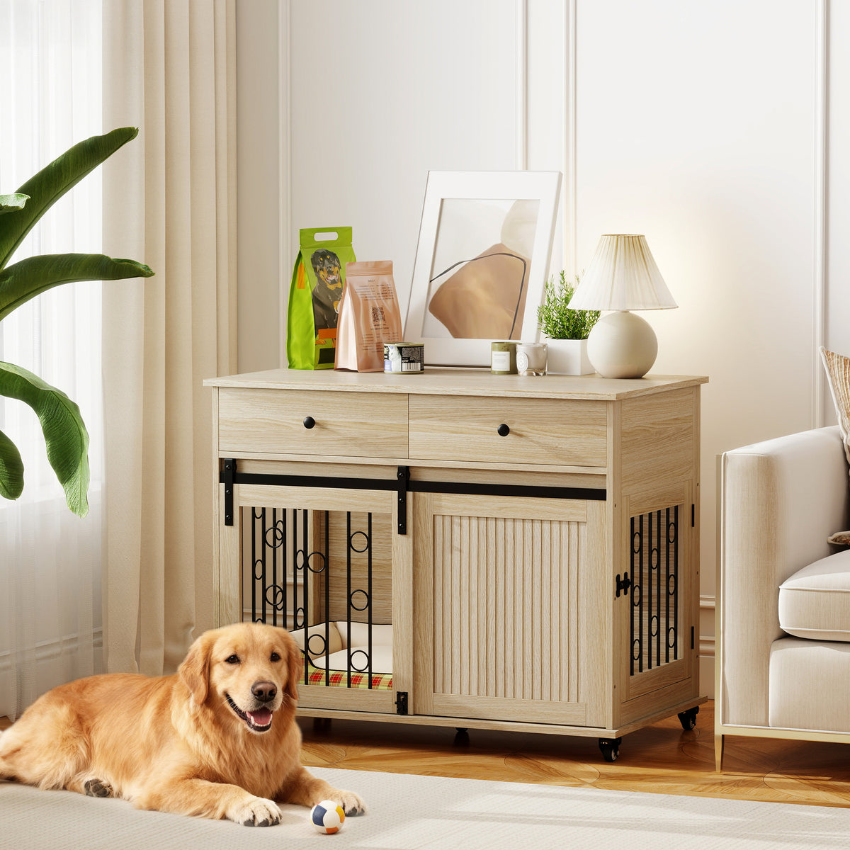 Hondenbench op wielen, 2 deuren, 2 lades, voor middelgrote en grote honden, hout, staal (2)