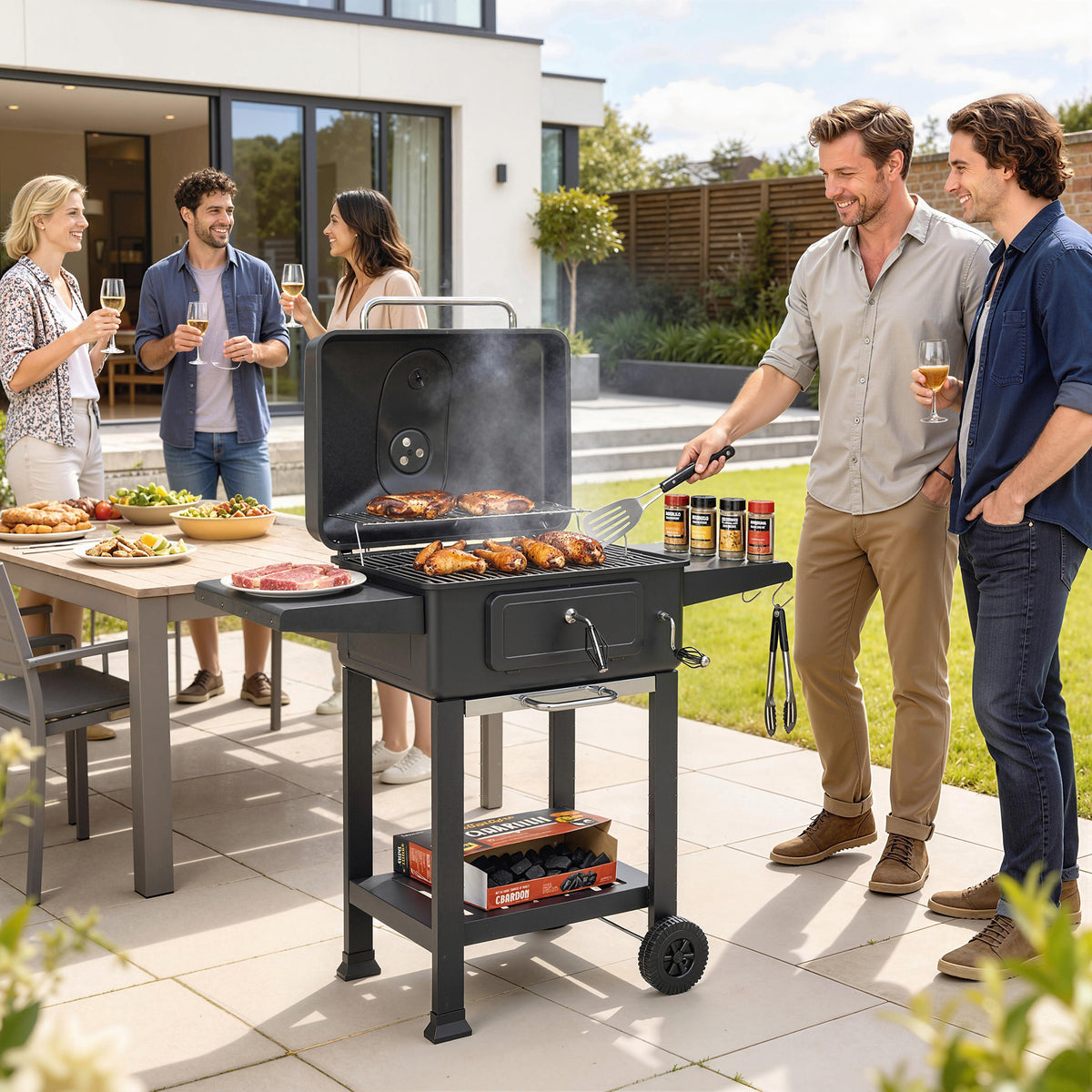 Houtskoolbarbecue BBQ-smoker met dekselthermometer, in hoogte verstelbare kolenpan, grillrooster, zijtafel en (2)