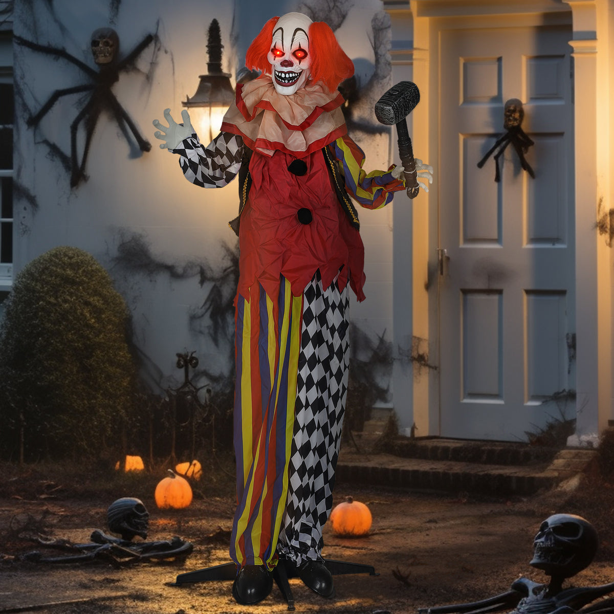 Griezelclown, Halloween-animatronic, 173 cm, lichtgevende ogen, geluidsactivering, beweegbare armen en hoofd (2)