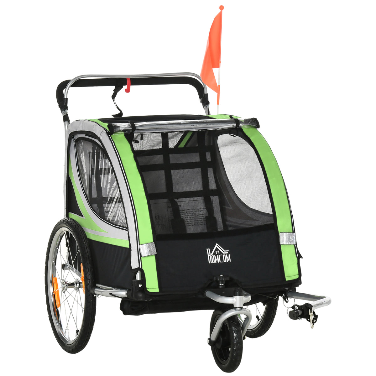 2-in-1 fietsaanhanger voor 2 kinderen, duwfunctie, regenhoes, rem, groen