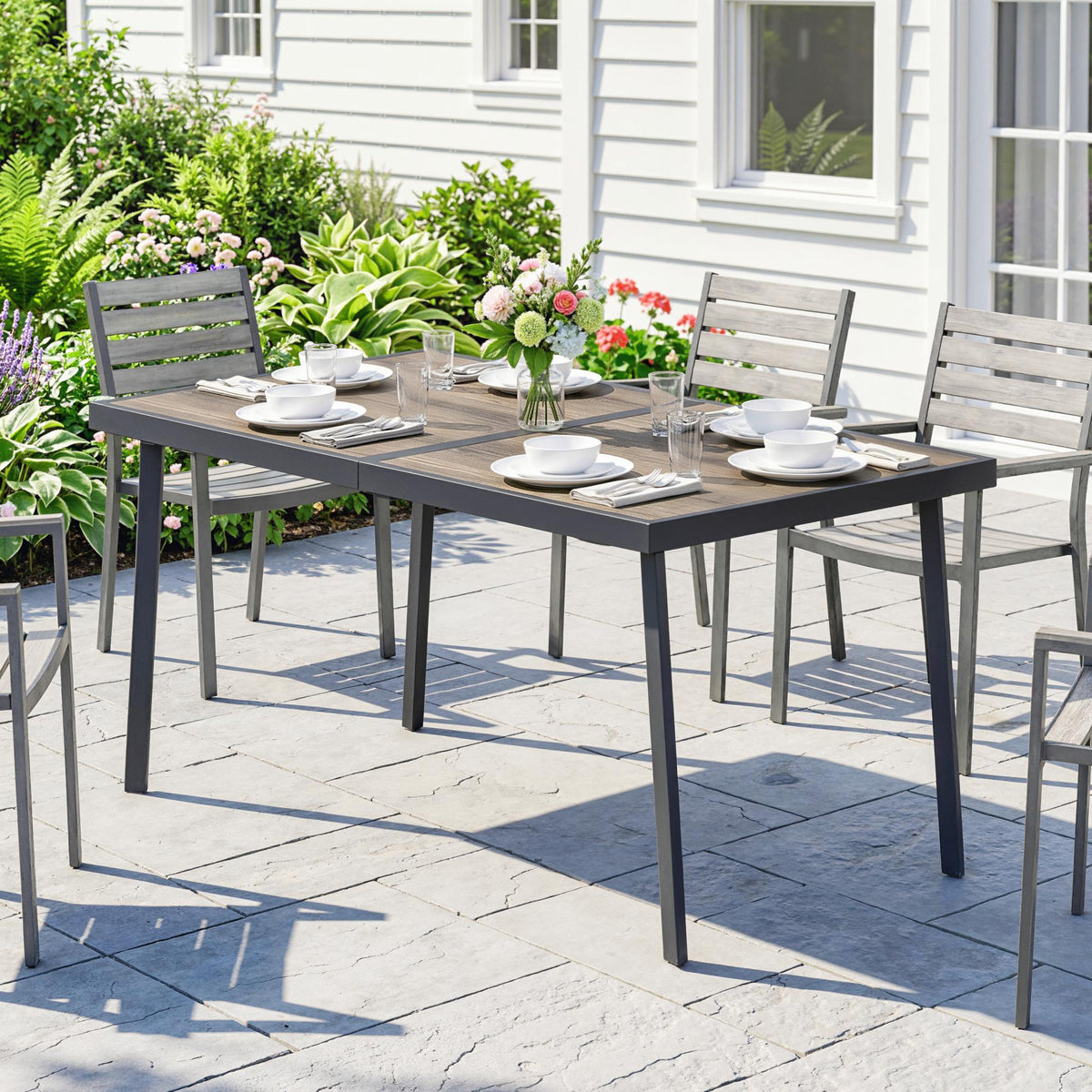 Buitentafel voor 6 personen, houtlook, metalen frame, weerbestendig, 145 x 85 x 72 cm, grijs (2)