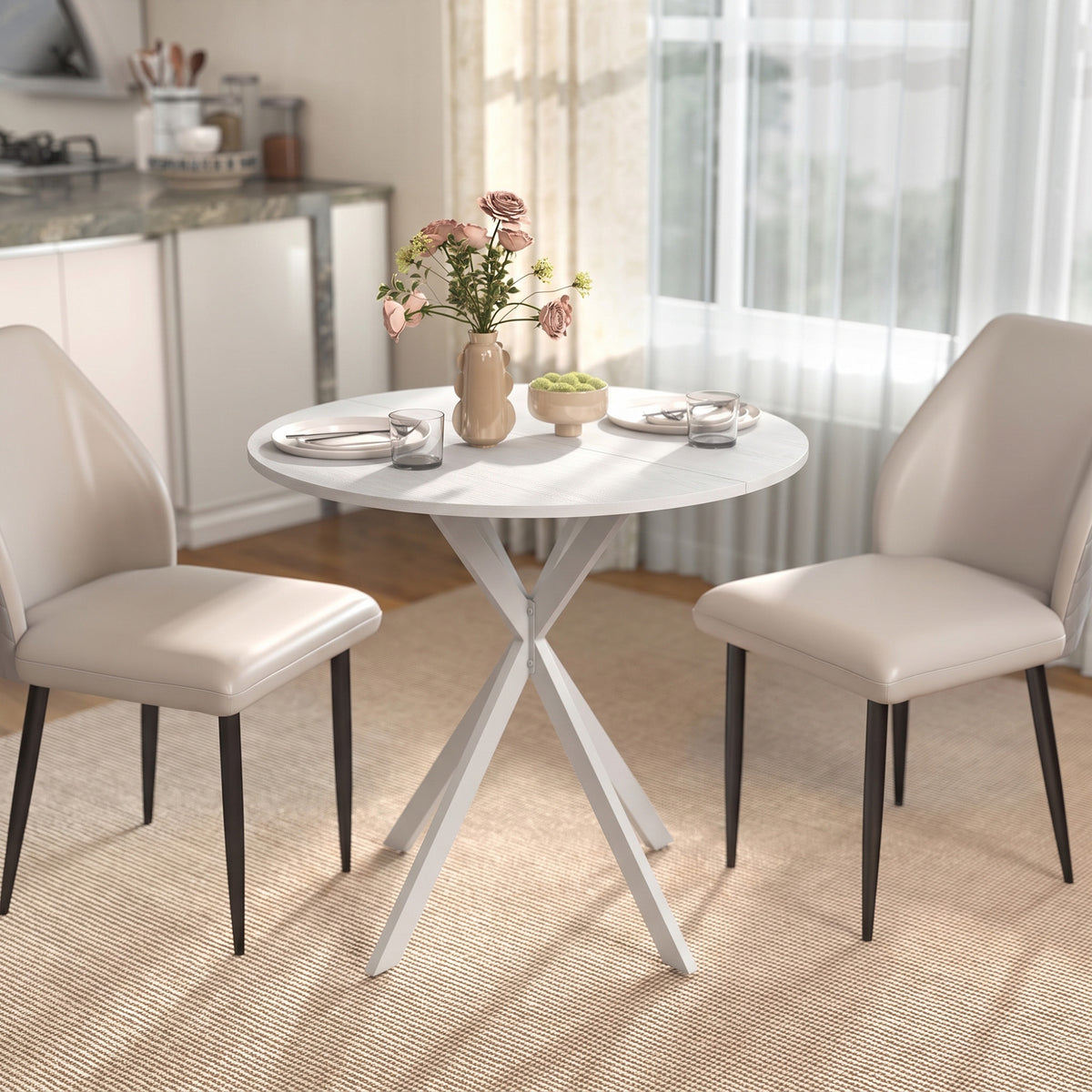 Ronde keukentafel, 80 cm, compact tafelblad, spaanplaat, metaal, wit (2)