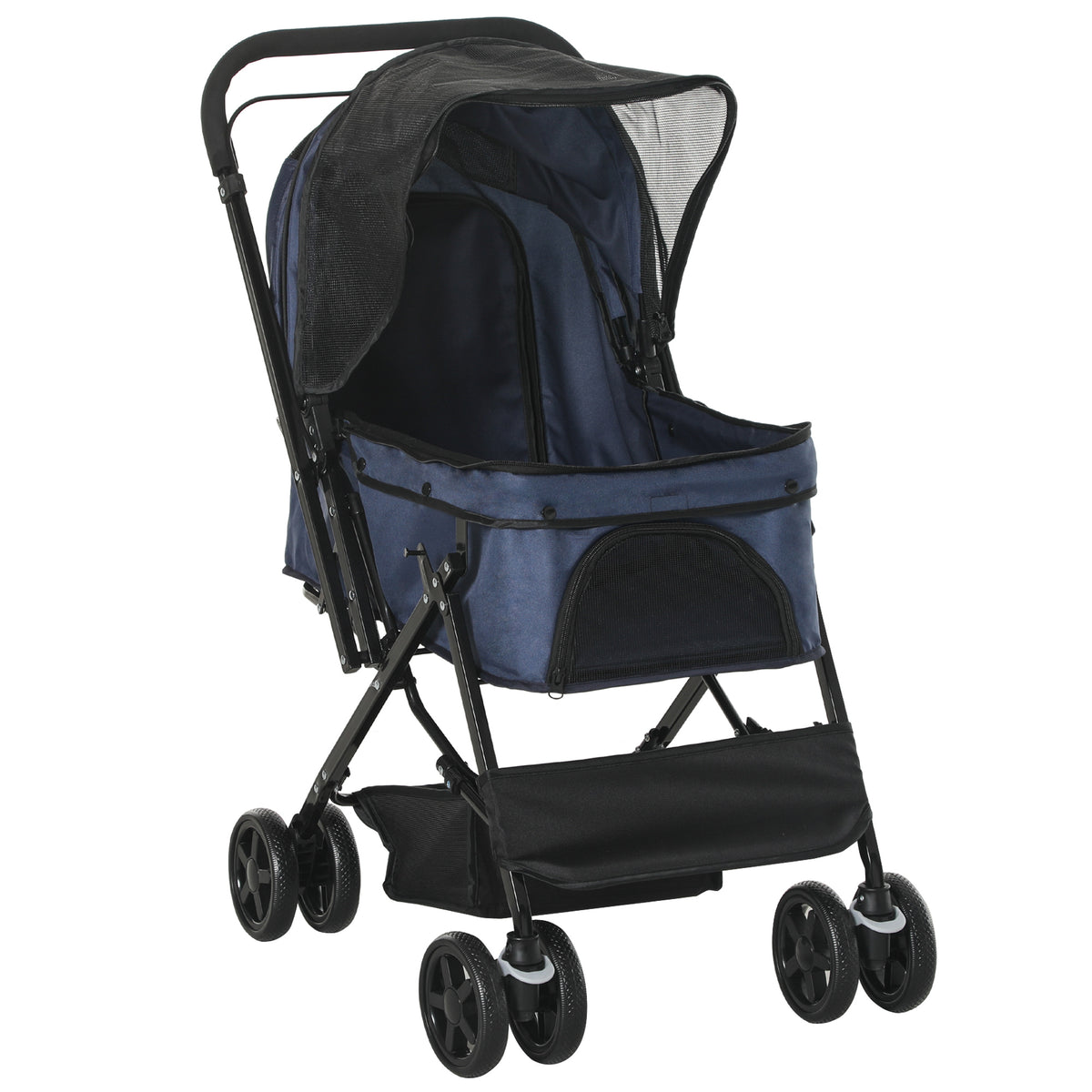Hondenwagen hondenbuggy tot 10 kg verstelbare kap inklapbaar mandje 2 remmen veiligheidslijn blauw