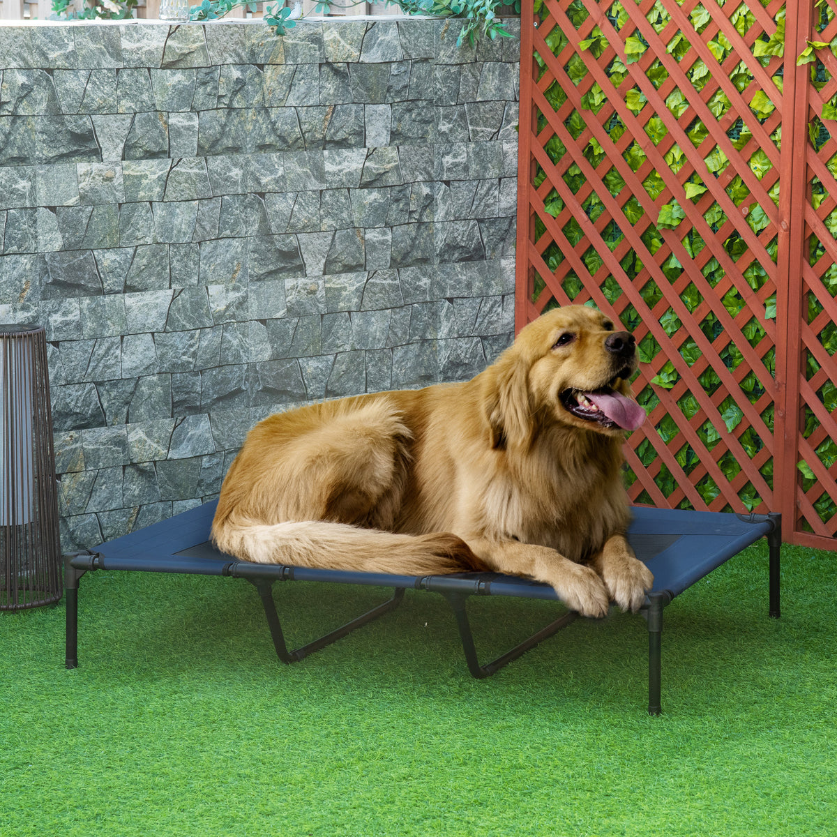 Hondenbed, opvouwbaar, outdoor hondenbed, verhoogde standaard, 122 cm x 92 cm x 23 cm, blauw + zwart (2)