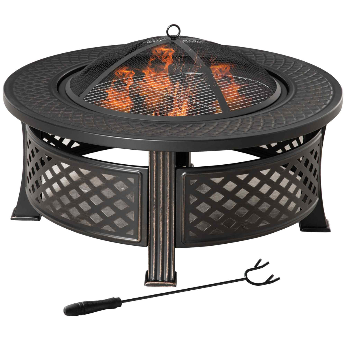 Vuurschaal met pook, vonkenscherm, vuurkorf, vuurtafel, rond, vuurplaats voor tuin, camping, BBQ, staal, zwart