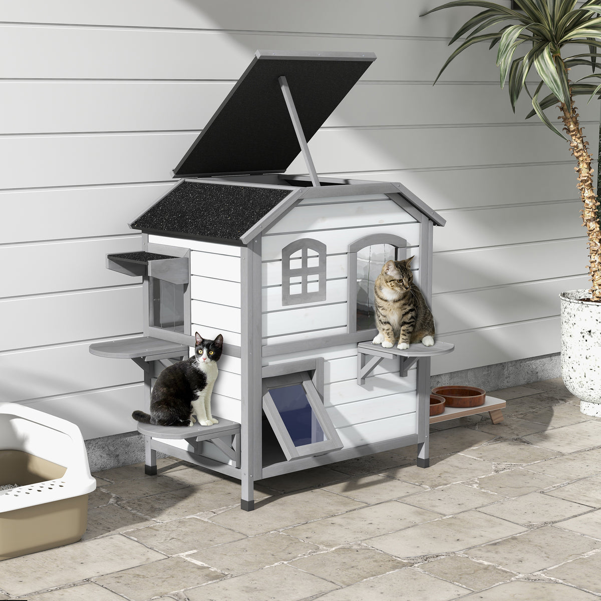 Kattenhuis kattenhut kattenhol, 2 verdiepingen, weerbestendig, 99,5 cm x 76 cm x 91 cm, wit + grijs (2)