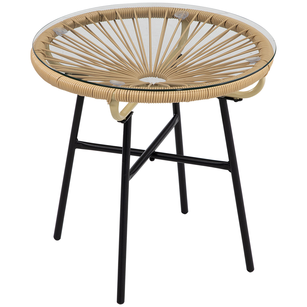 Tuintafel in boho-stijl, PE-rotan, gehard glas, weerbestendig, 50 cm x 50 cm x 50 cm, beige