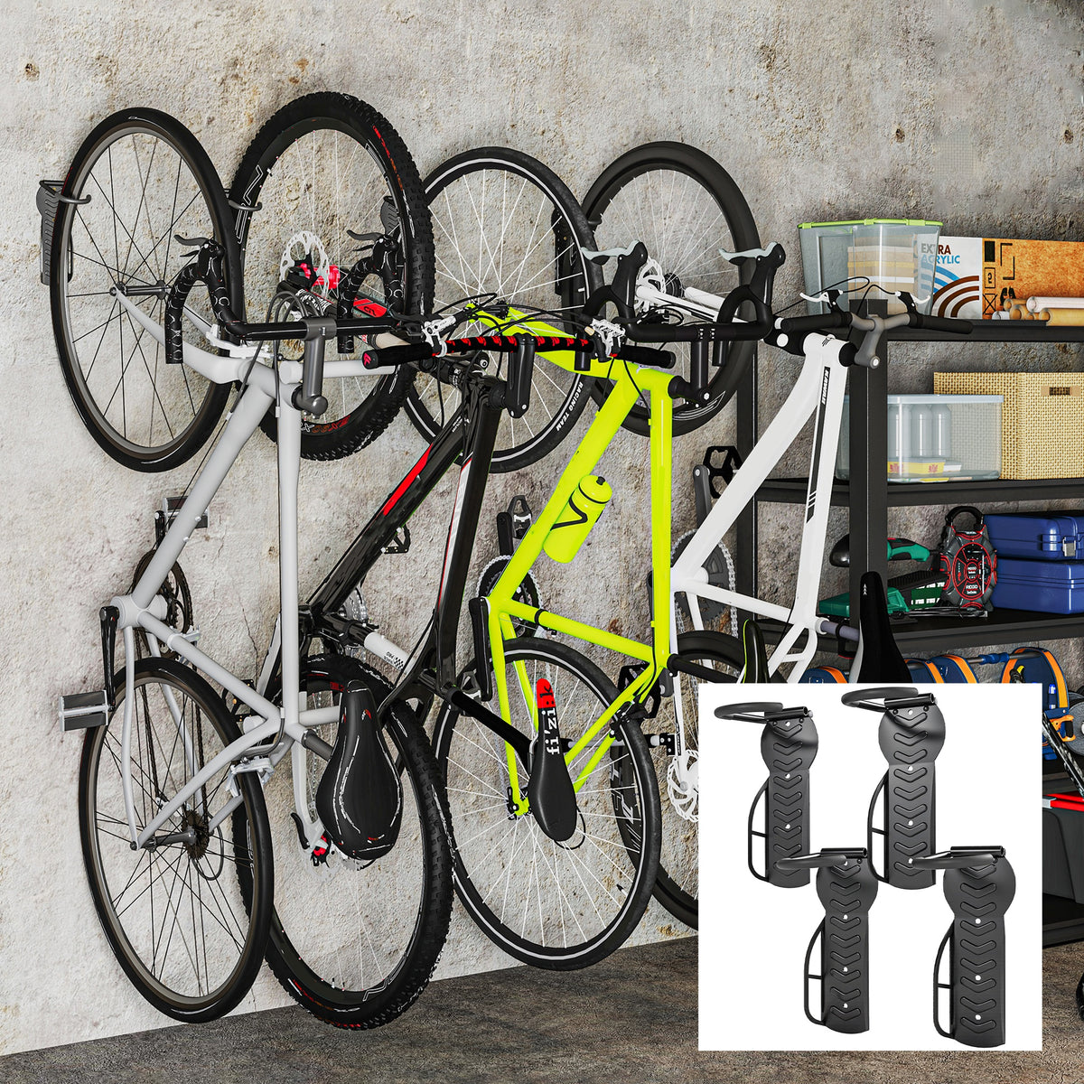 4-delige set fietsmuurbeugel verticaal, inklapbaar met 30 kg draagvermogen voor 4 fietsen, zwart (2)