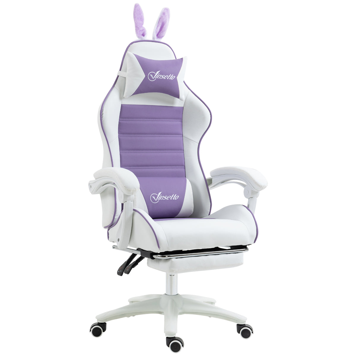 Gamingstoel Ergonomische gamestoel met lendensteun, voetensteun, konijnenoren-hoofdkussen, paars