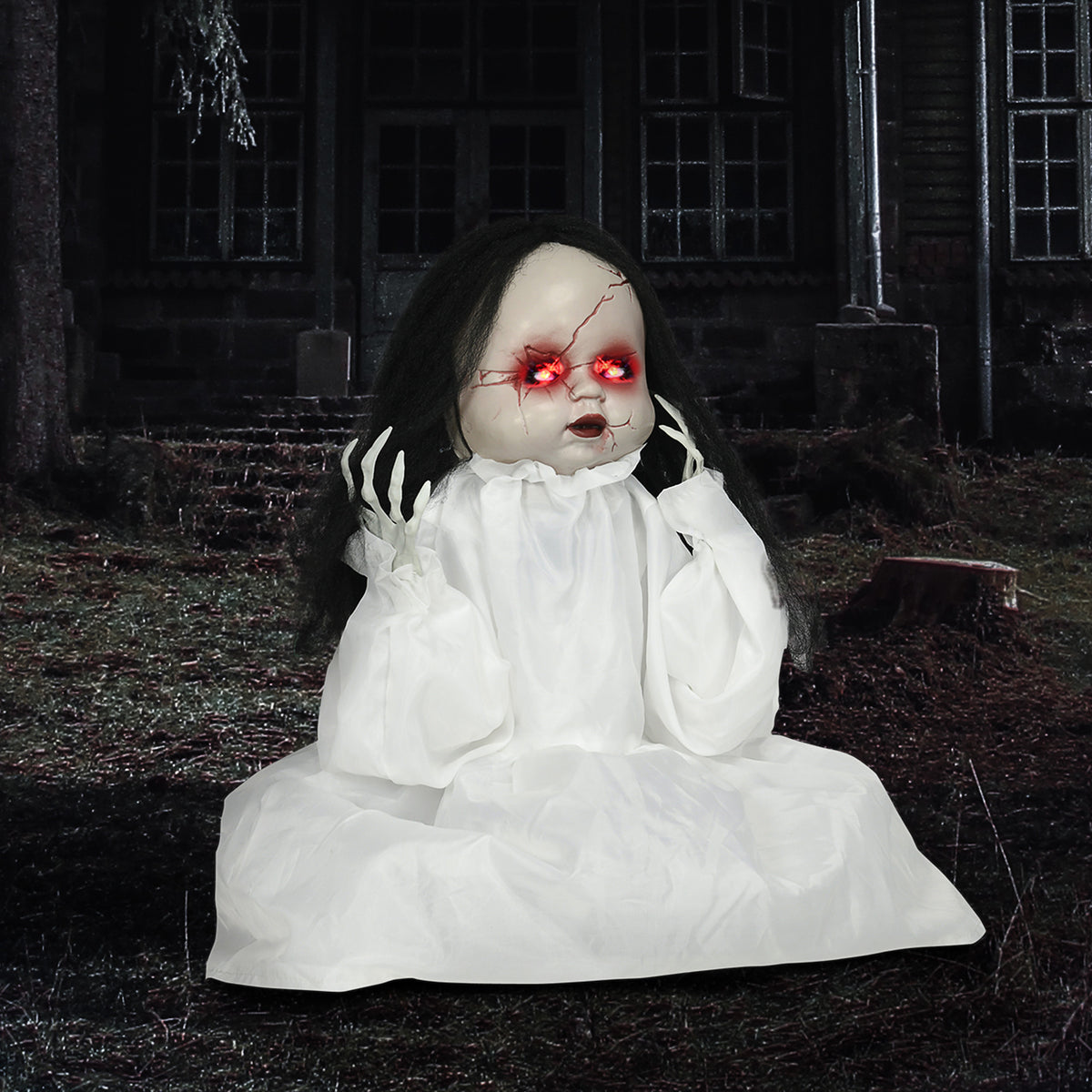 Halloween-decoratie horrorpop, led-ogen, huilt, springt omhoog, geluids- & bewegingssensor, 60 cm (2)