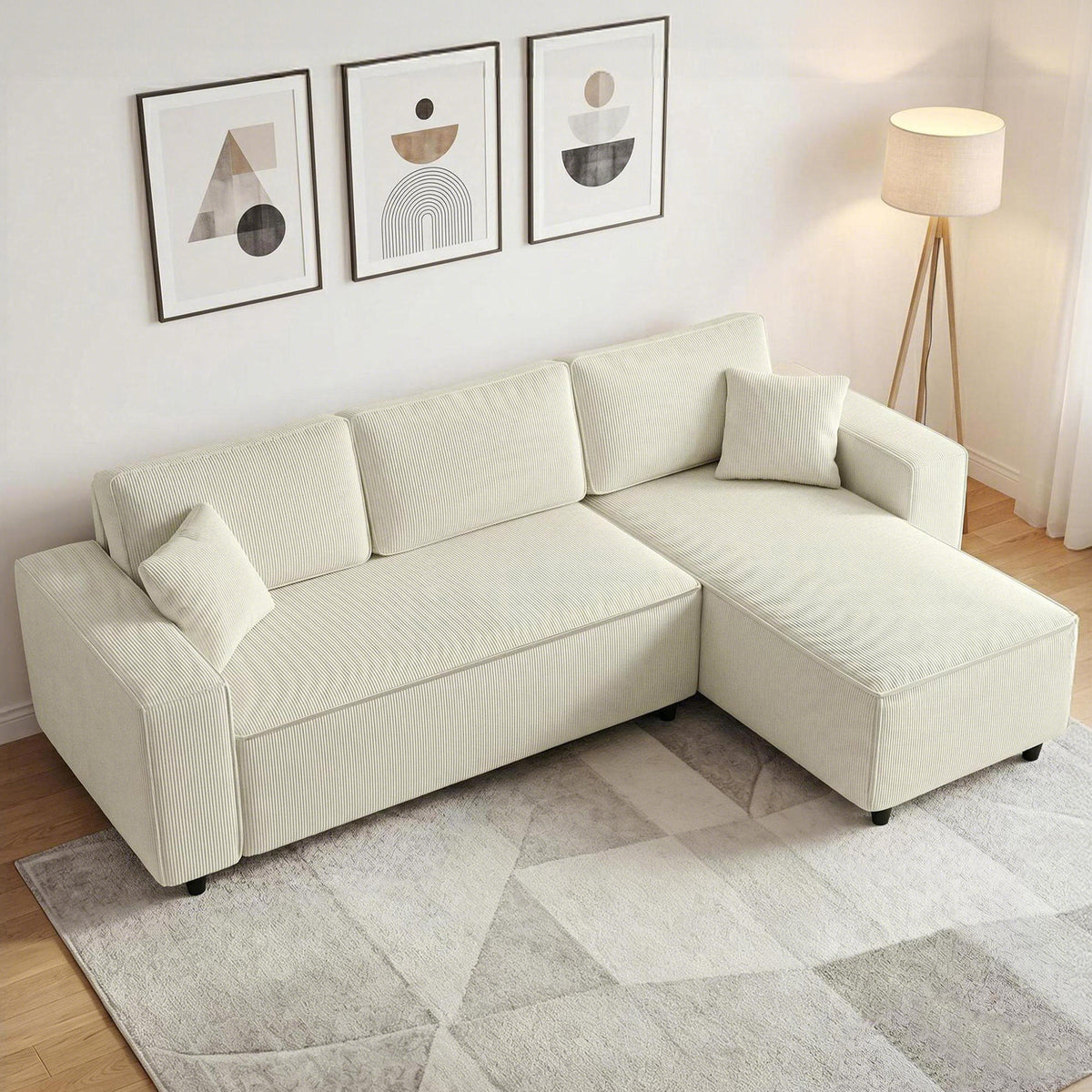 3-zitsbank met chaise longue, woonkamerbank met ribstof, 2 extra kussens, gestoffeerde bank, crèmewit (2)