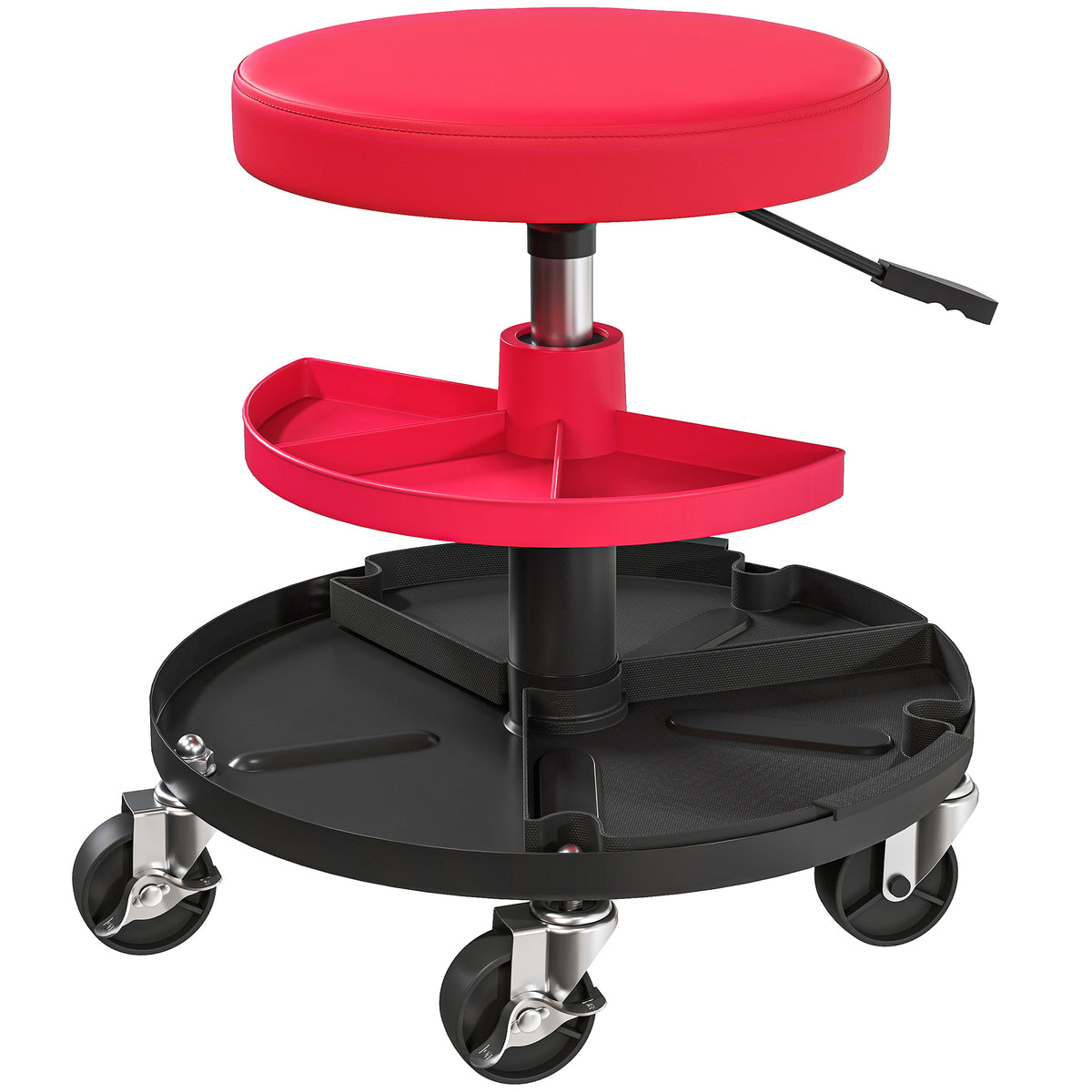 Werkplaatskruk met wielen, plateaus, in hoogte verstelbaar 40-51 cm, rolkruk belastbaar tot 135 kg, rood