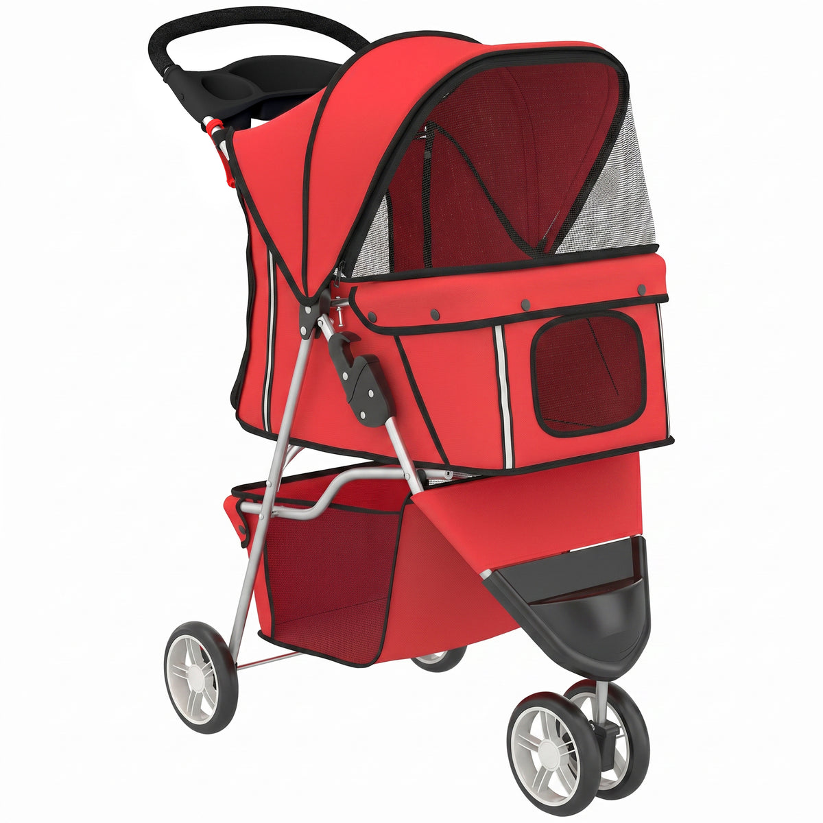 Opvouwbare hondenbuggy met opbergmand, kussen, gaasvensters en bekerhouder voor kleine honden tot 10 kg, rood