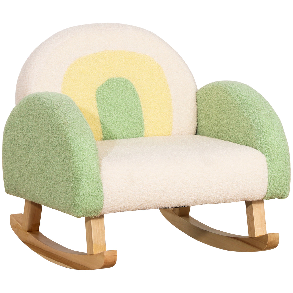 Schommelstoel voor peuters Schattig design, imitatie schapenvacht, eucalyptus hout Groen + Geel Beige