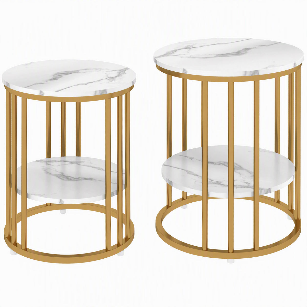 Ronde bijzettafel in 2-delige set, salontafels in marmerlook met open opbergruimte en metalen frame
