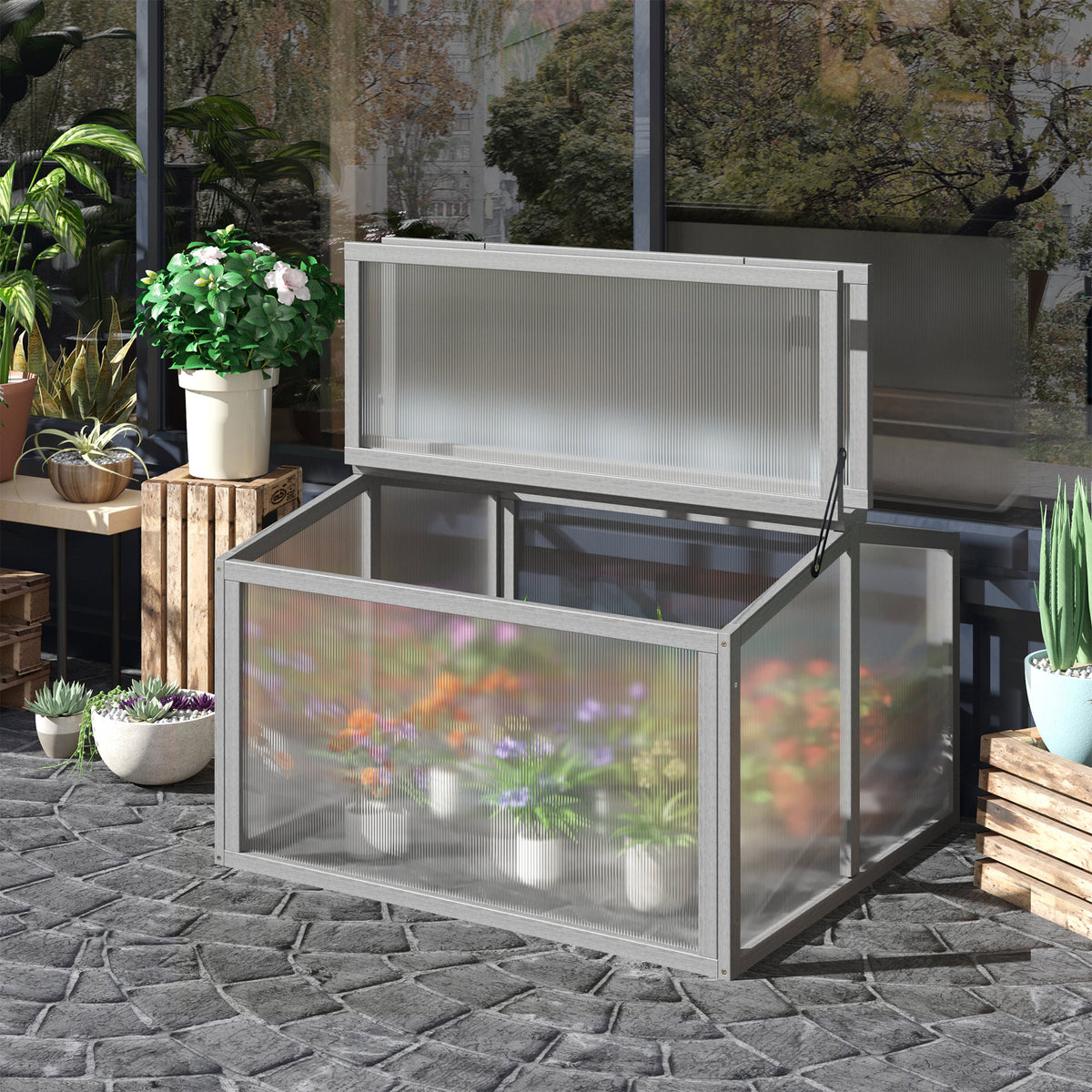 Kweekbak broeikas tuinkas kweekkas plantenbak met afdekking van hout en polycarbonaat weerbestendig lichtgrijs (2)