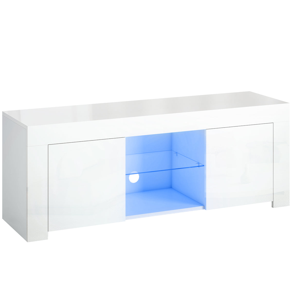 Tv-meubel met ledverlichting, 2 kastdeuren, glazen plank, kabelopeningen, voor woonkamer, spaanplaat, wit