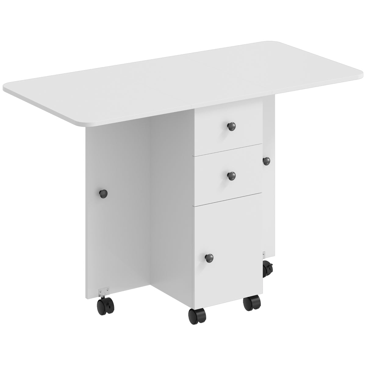 Opklapbare eettafel, verrijdbare keukentafel met lades en kastje, wit