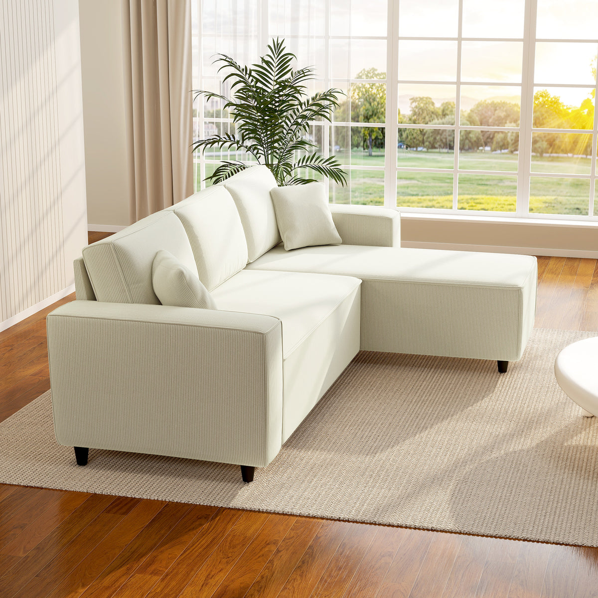 3-zitsbank met chaise longue, woonkamerbank met ribstof, 2 extra kussens, gestoffeerde bank, crèmewit (9)