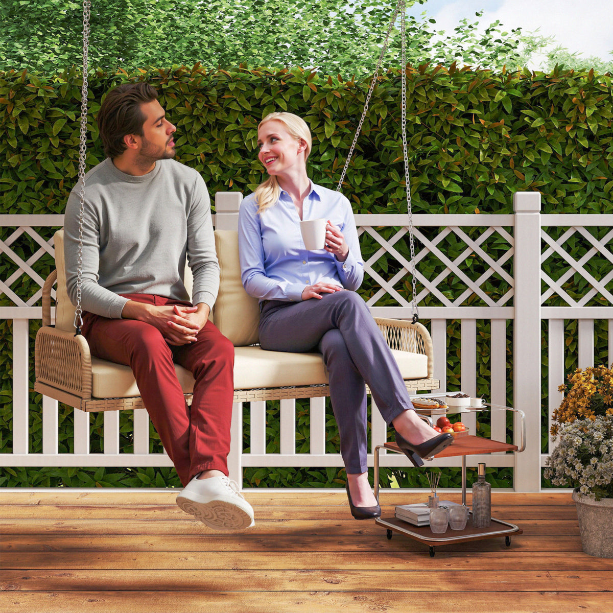 Hollywoodschommel 2-zits rotan tuinbank met kussens kettingen tot 240 kg 115 x 66 x 44 cm beige (2)