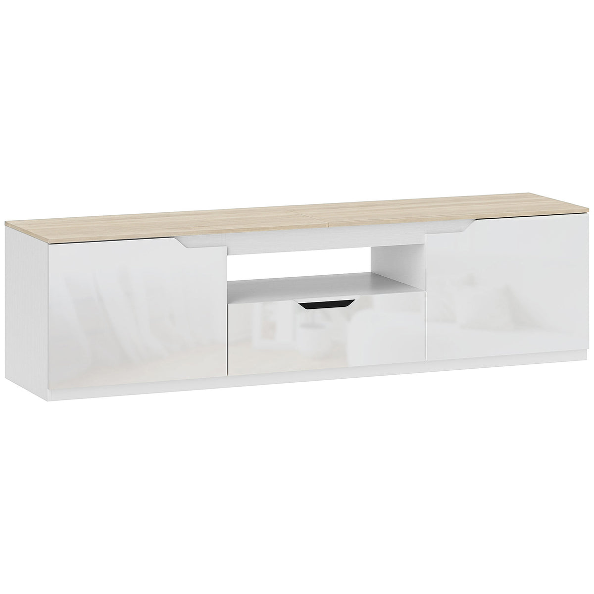 TV-meubel, hoogglans, voor tv's tot 65'', 3 vakken, lade, 160 x 38 x 43 cm, naturel hout