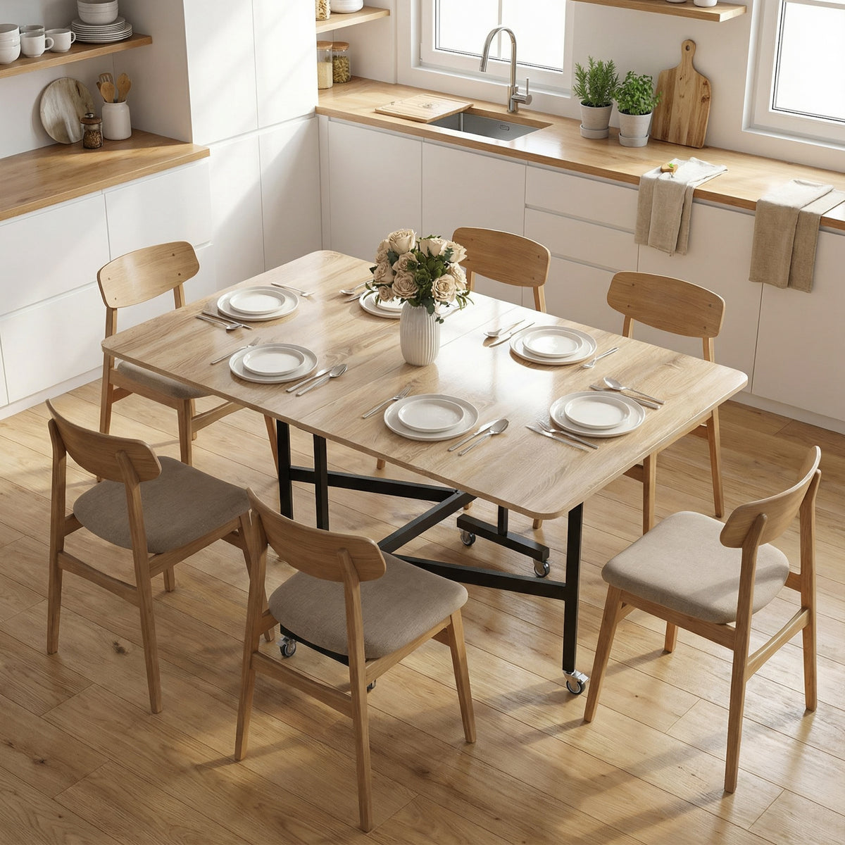 Mobiele klaptafel met 6 wielen en remmen, opvouwbare keuken-eettafel voor kleine ruimtes, eiken (2)