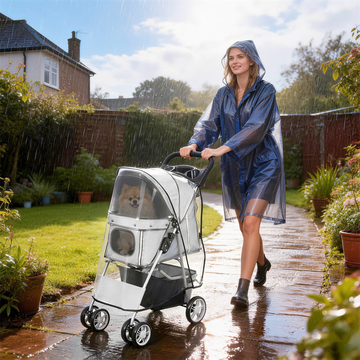 Hondenwagen hondenbuggy inklapbaar kattenwagen tot 10 kg met regenhoes reflectiestrepen opbergmand 77x44x102cm (2)