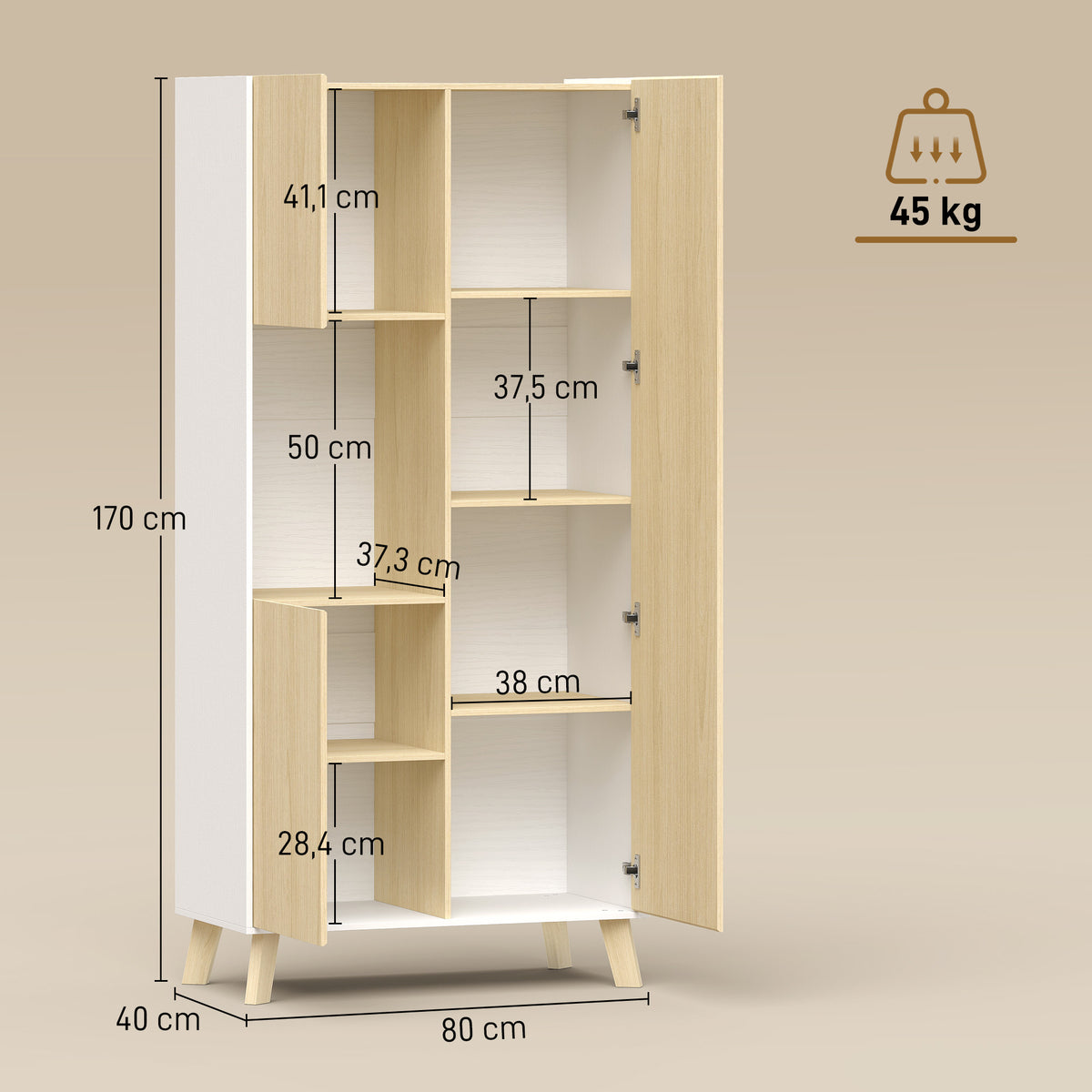 170 cm keukenkast, moderne kast met open vak, verstelbare legplanken, natuurlijke houtlook (3)