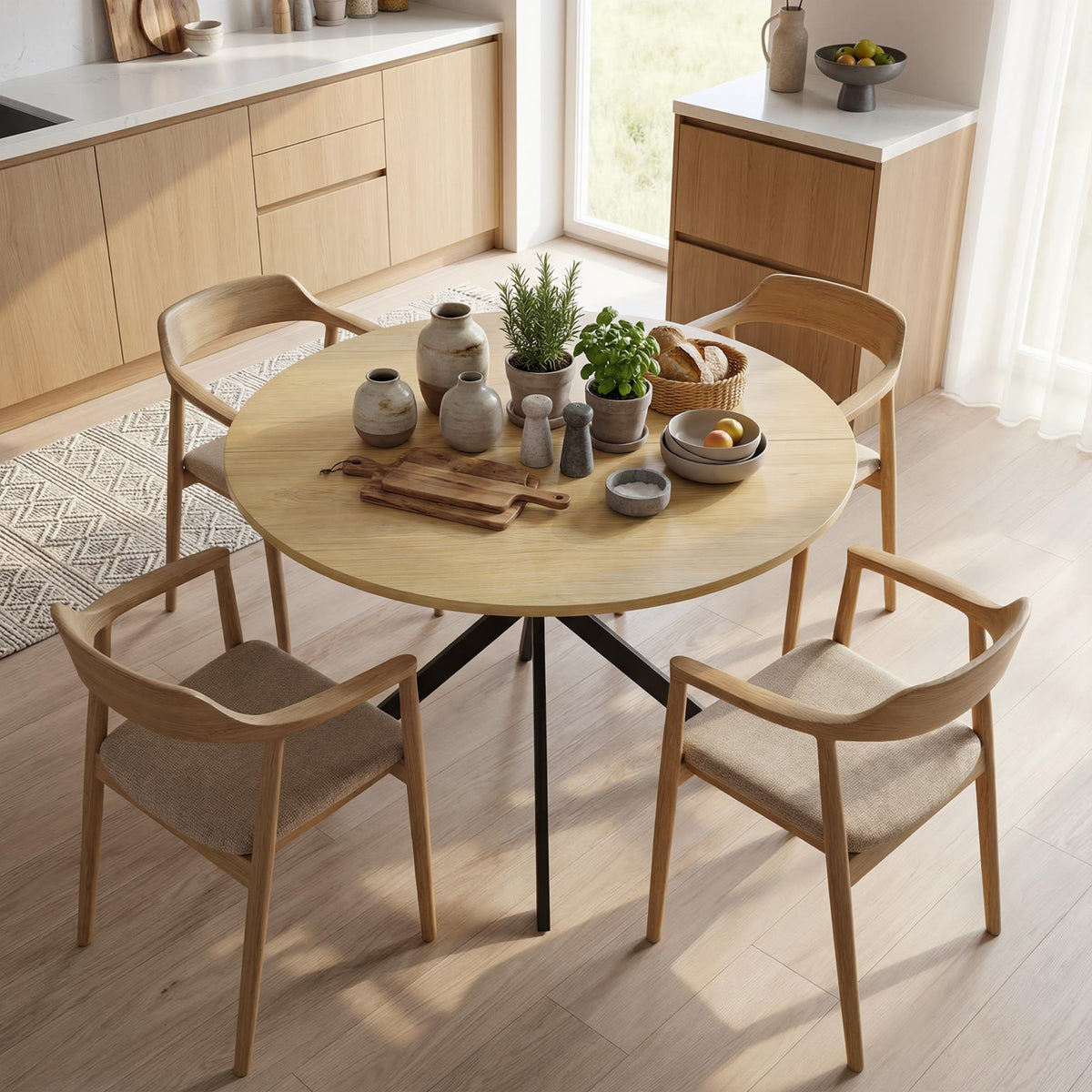 Ronde eettafel voor 4 personen, keukentafel in industriële stijl met stalen poten, voor eetkamer, keuken, eiken (2)