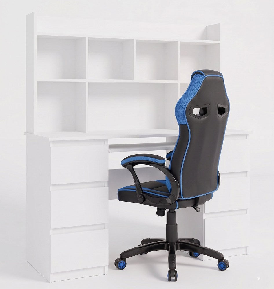 Schreibtisch KUBA MIT AUFSATZ WEISS + Sessel DRIFT BLAU Set 6 Schubladen