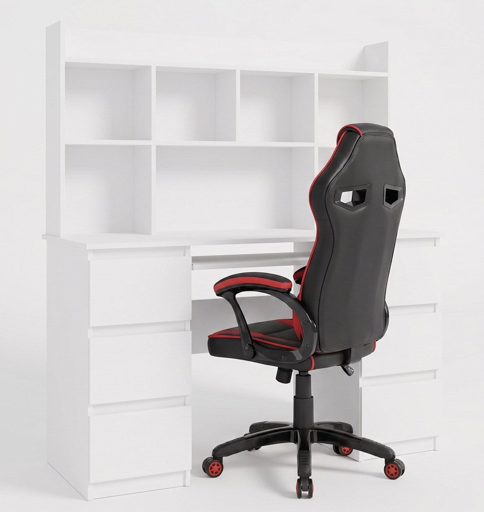 Schreibtisch KUBA MIT AUFSATZ WEISS + Sessel DRIFT ROT Set 6 Schubladen