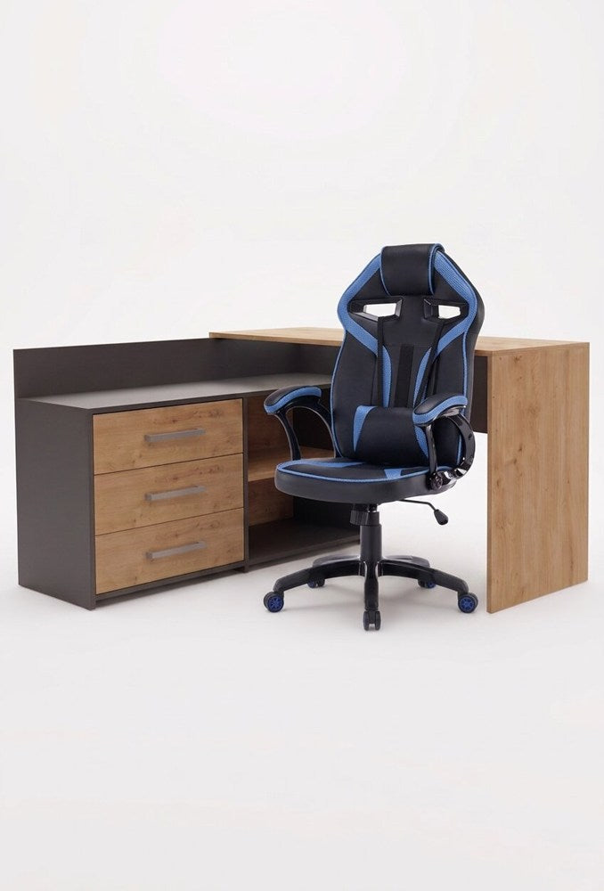 Set ECKSCHREIBTISCH DANY ANTHRAZIT / EICHE ARTISAN + Sessel DRIFT BLAU