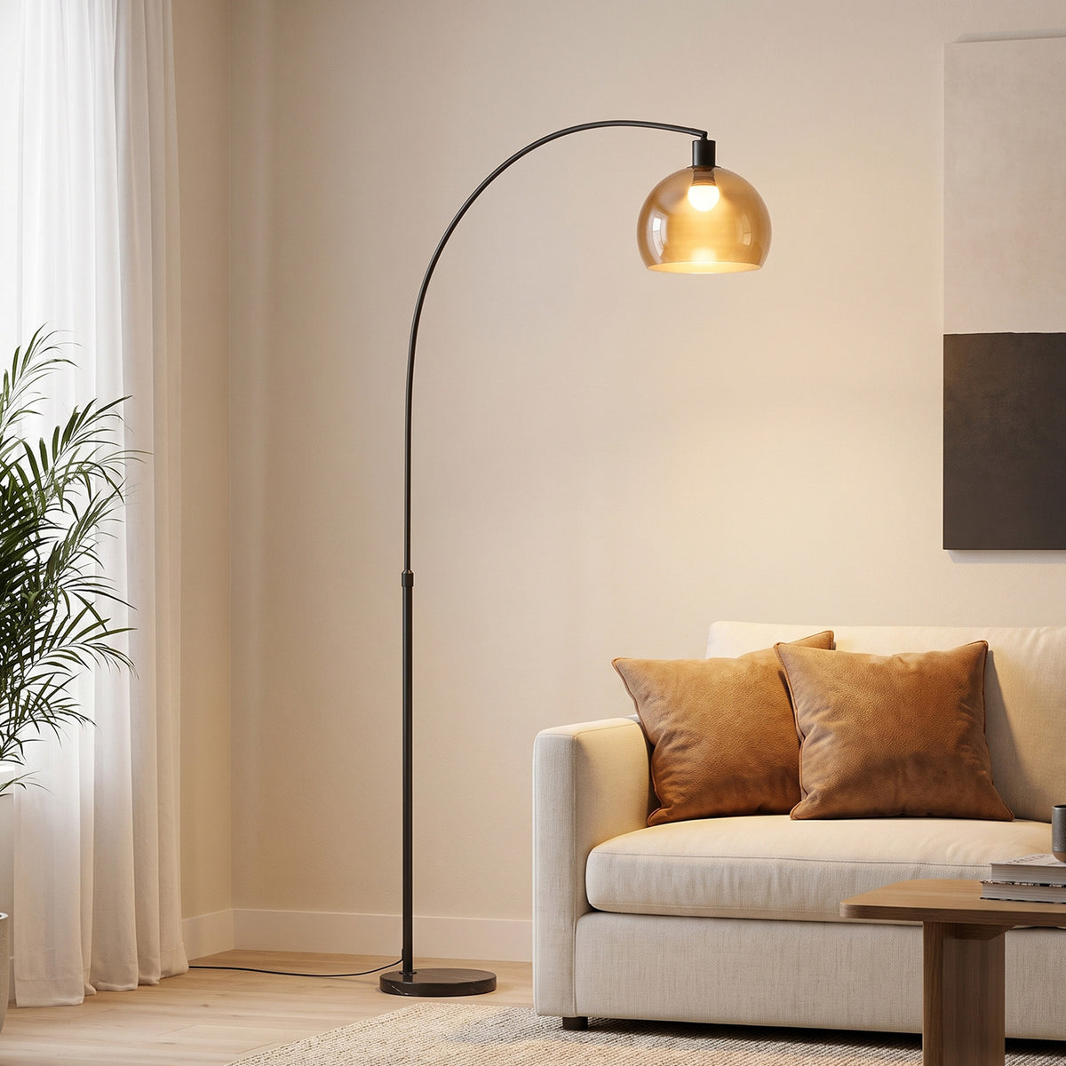 Vloerlamp, gebogen kop, voetschakelaar, marmeren voet, kunststof kap, grijs (2)