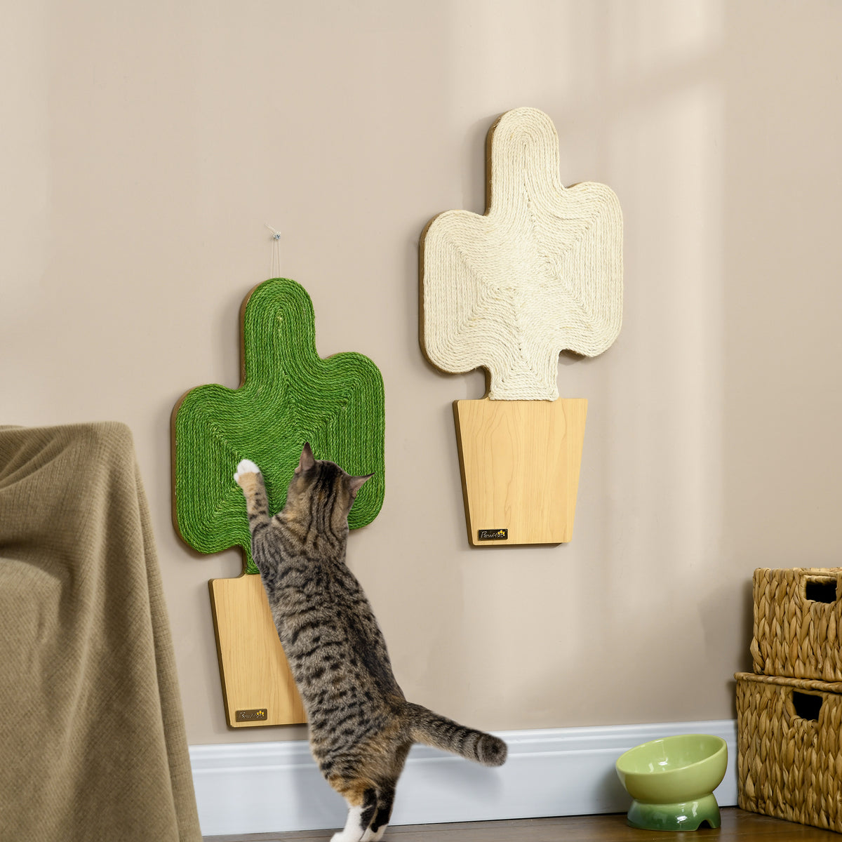 Set van 2 krabpalen, cactusdesign voor wandmontage, 30 cm x 60 cm, eiken+wit+groen (2)
