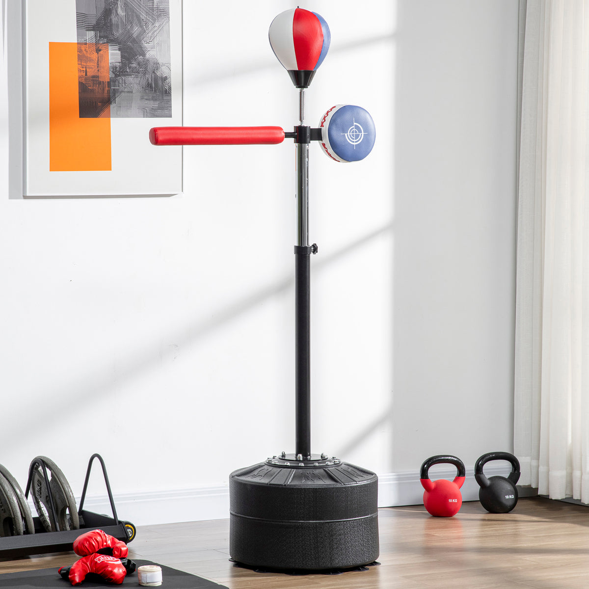 Bokspaal, in hoogte verstelbaar, reflexstang, trapkussen, speedball, vulbare voet, 80,5 x 48 x 163-205 cm (10)