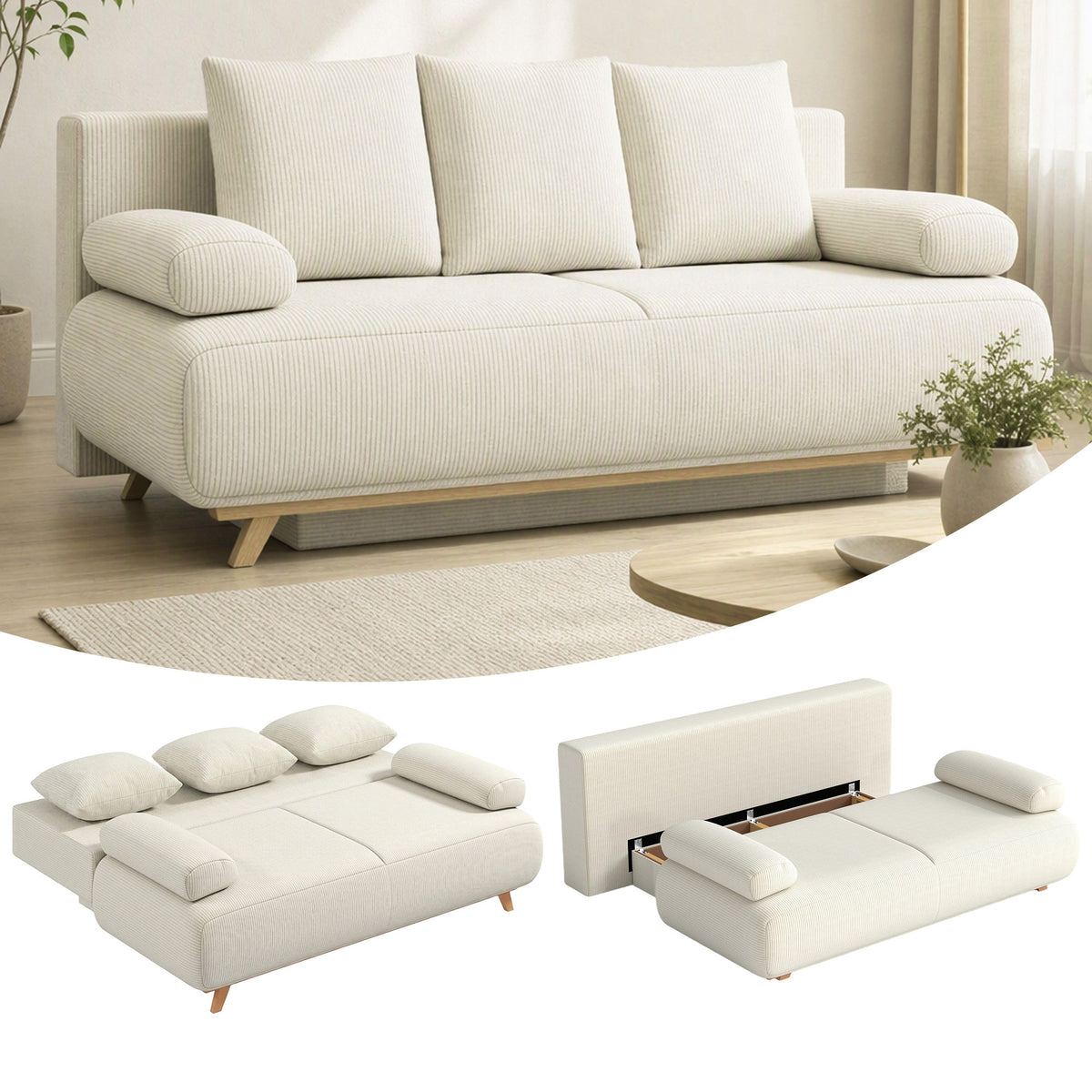 Slaapbank met verstelbare rugleuning, bedfunctie, verborgen opbergruimte en ribstof bekleding, beige (2)