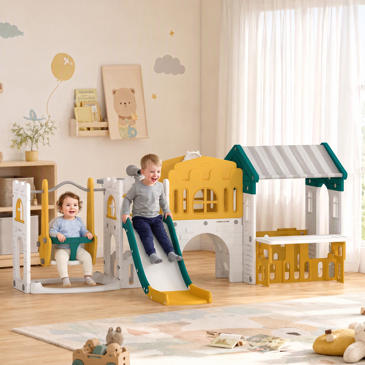 11-in-1 kinderglijbaan met schommel speelhuis tuinglijbaan met tunnel basketbalring telescoop stuurwiel (2)