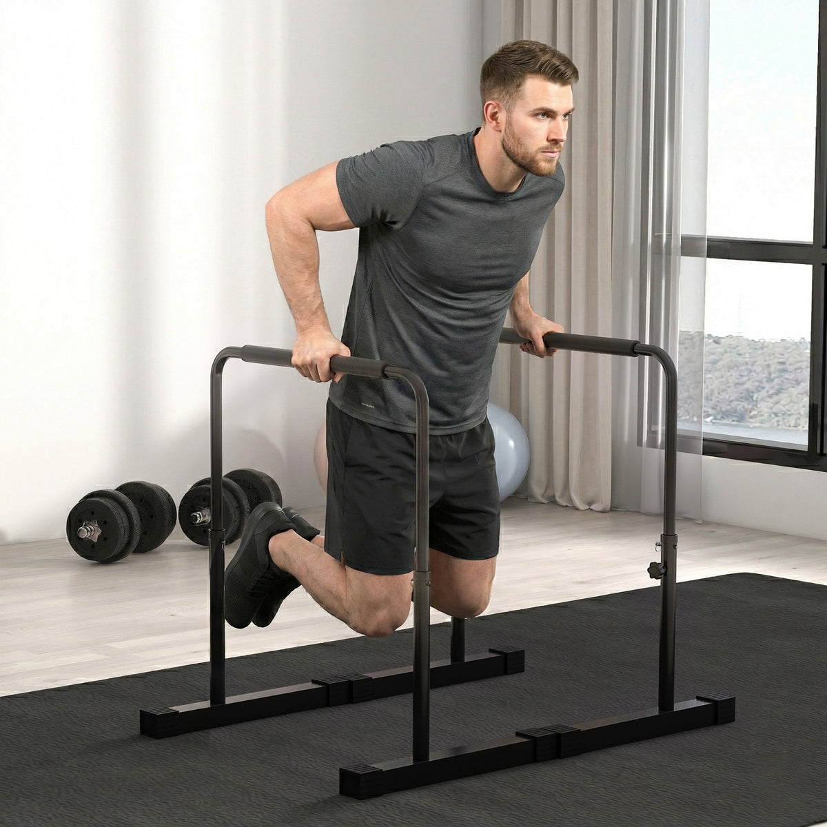 Dip-station, in hoogte verstelbaar 80-105 cm, lichtgewicht, antislip, tot 120 kg, staal, zwart (2)