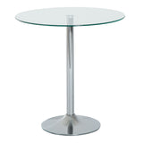 Ronde eettafel met glazen blad, metalen onderstel, zilverkleurig