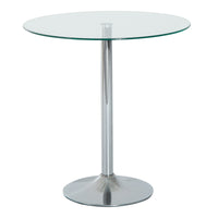 Ronde eettafel met glazen blad, metalen onderstel, zilverkleurig