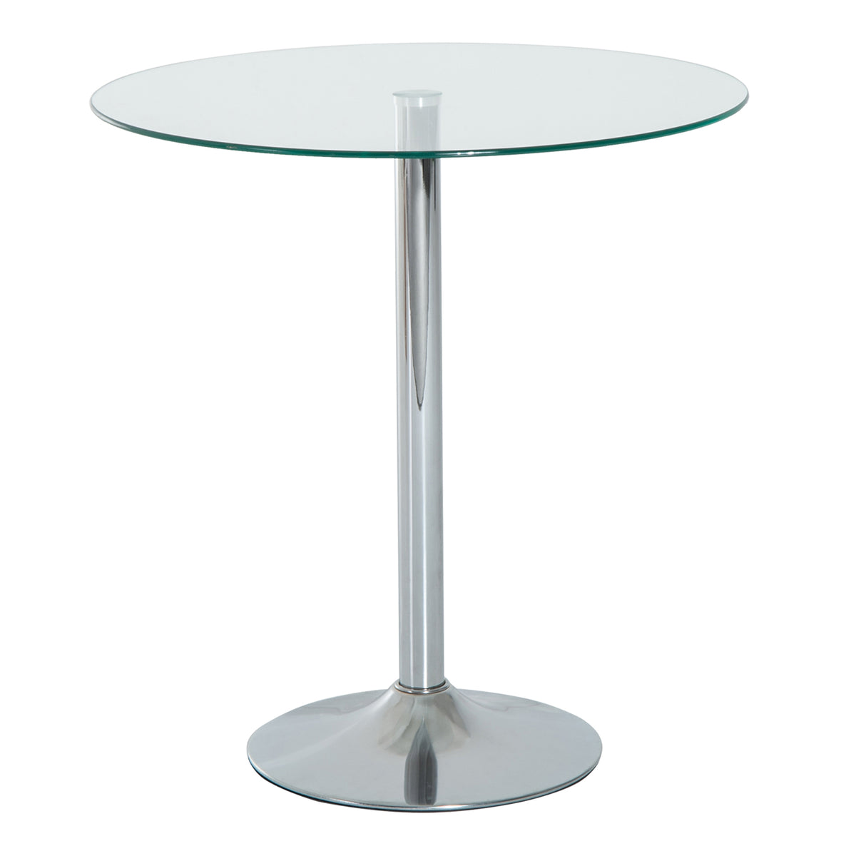Ronde eettafel met glazen blad, metalen onderstel, zilverkleurig