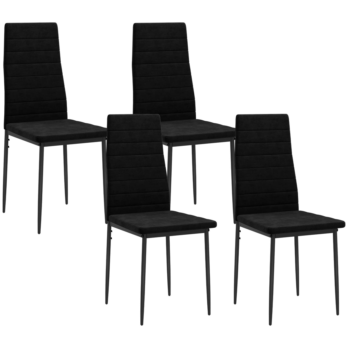 Set van 4 eetkamerstoelen, armloos ontwerp, stoffen bekleding, metalen poten, zwart