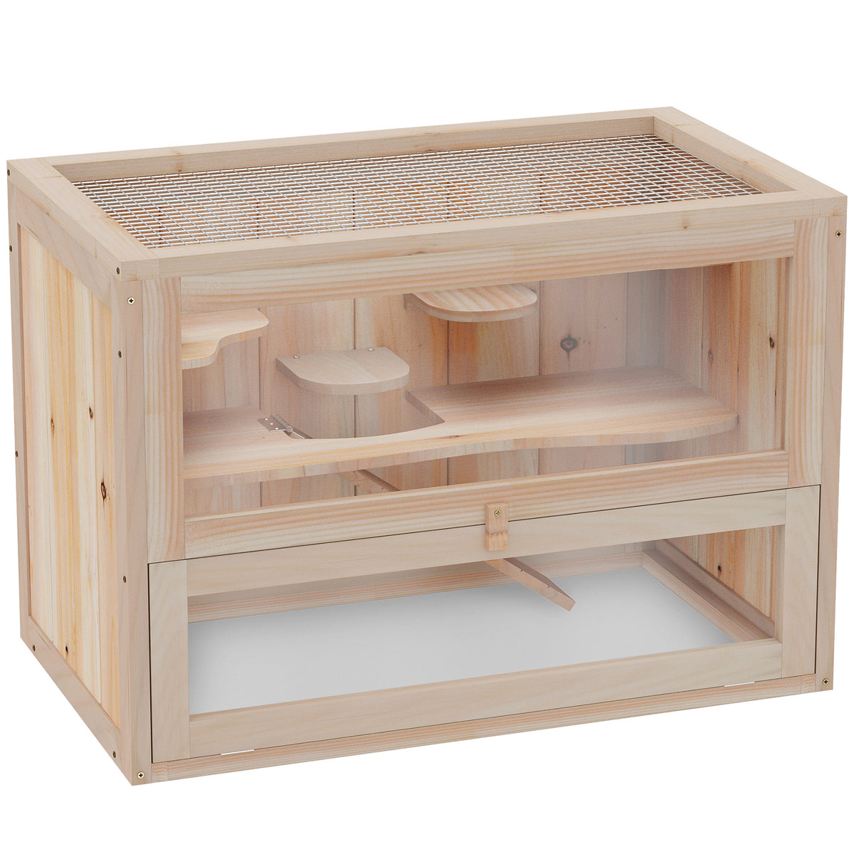 Hamsterkooi van hout 2 verdiepingen 60 x 35 x 42 cm knaagdierkooi kleindierkooi met opklapbaar traliedak