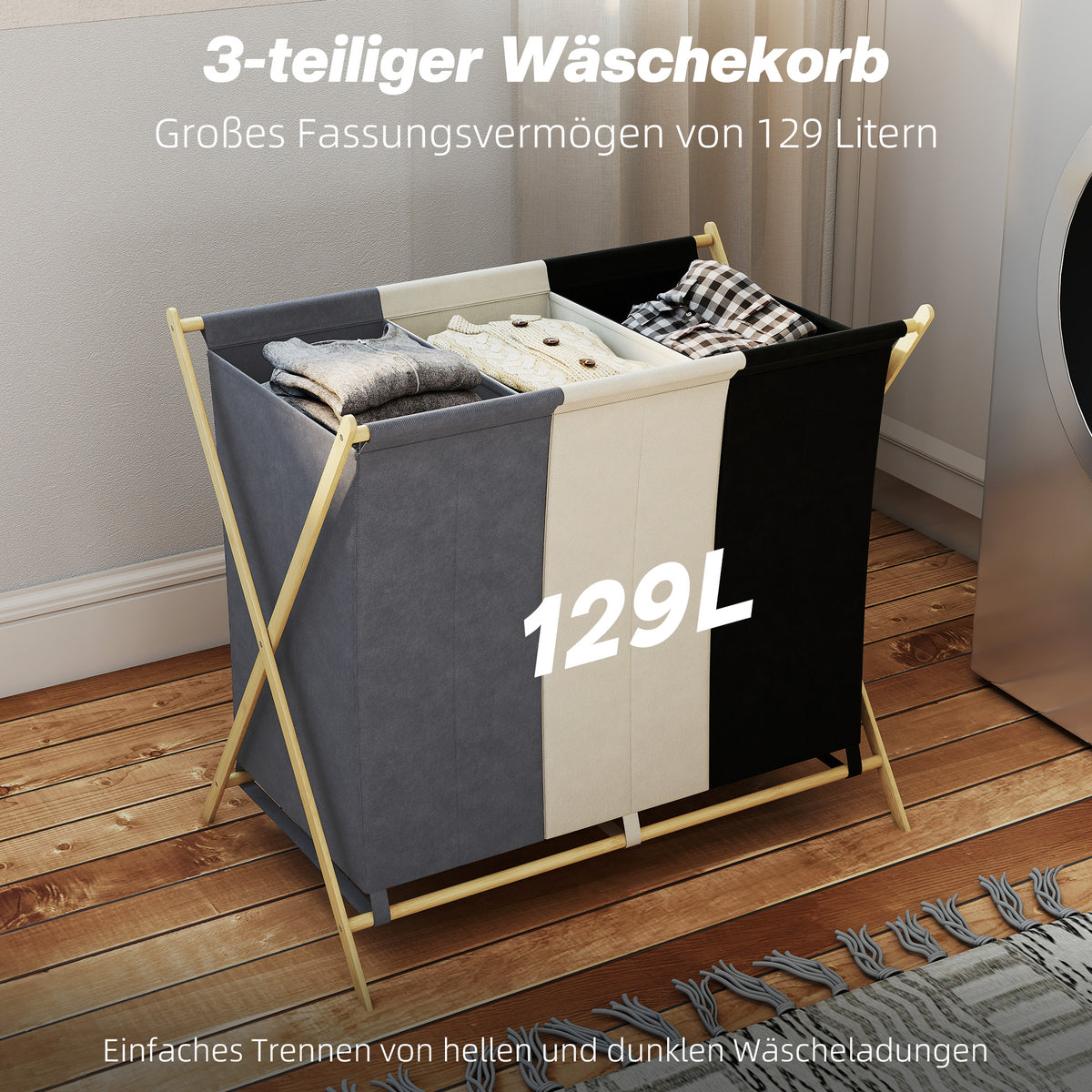 Wasgoedmand met 3 vakken 129L Opvouwbare wasmand voor bijkeuken slaapkamer meerkleurig (4)