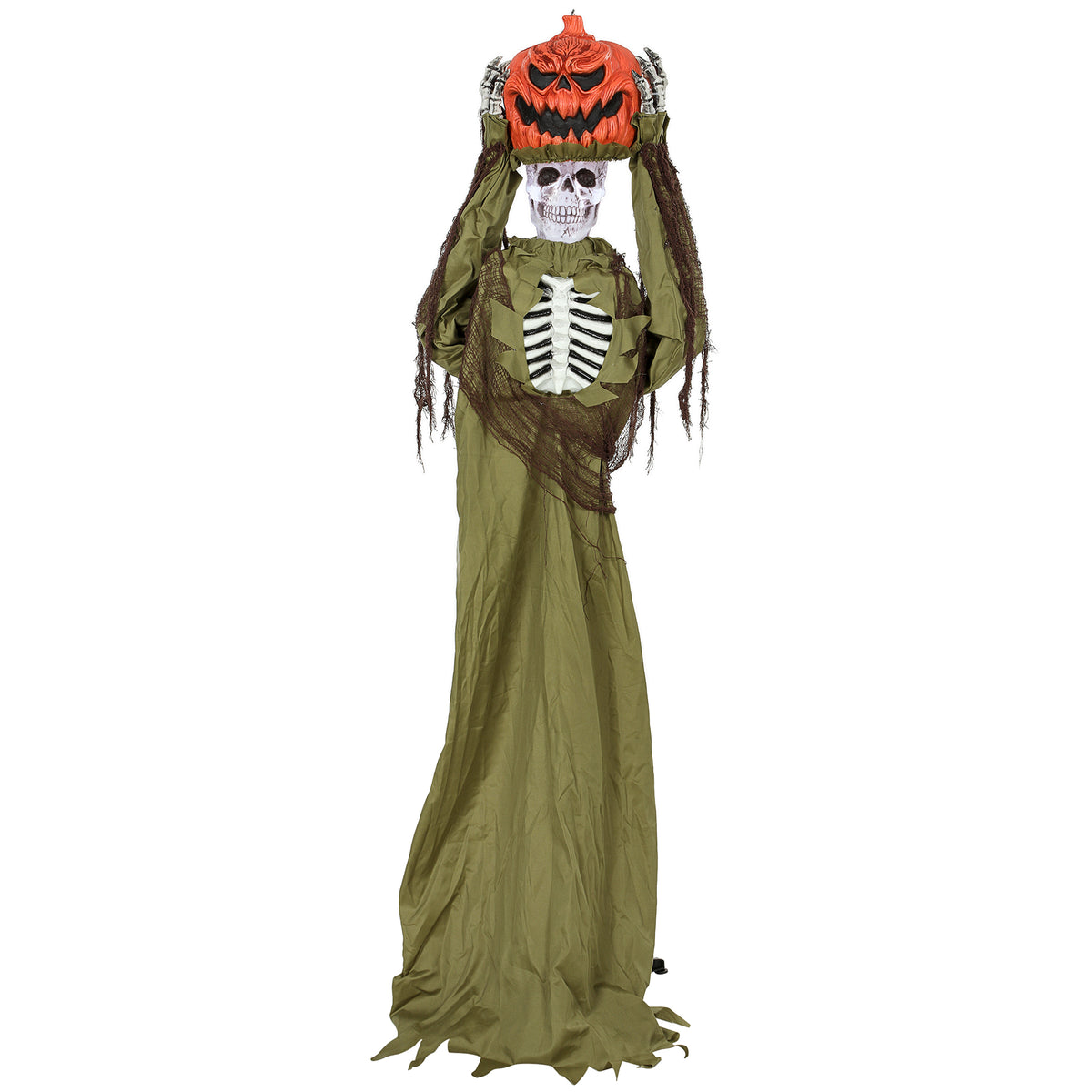 Geanimeerd pop-up pompoenskelet, 173 cm, griezelige Halloween-decoratie met licht, geluid- en aanraakactivering