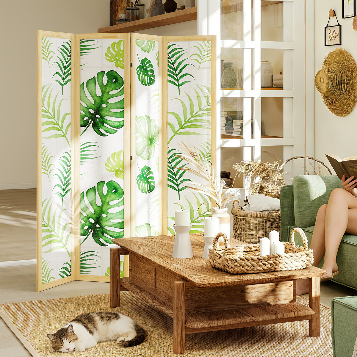 4-delige ruimteverdeler, inklapbaar, boho-design, tropisch motief, vrijstaande scheidingswand, houten frame (2)