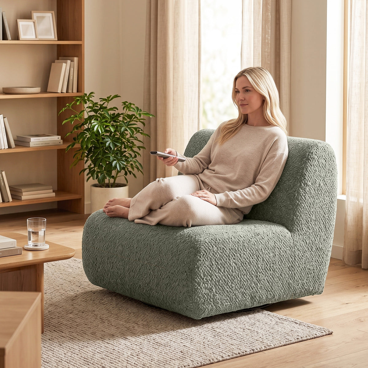 Fauteuil Draaibare loungefauteuil met chenille-look, brede zitting, voor woonkamer, slaapkamer, grijs (9)